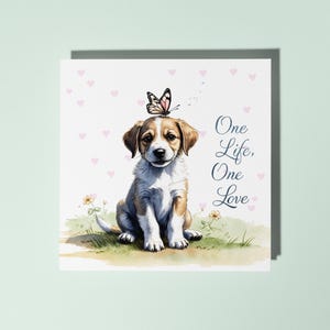 Fatto a mano Cucciolo carino e farfalla Una vita, un amore Biglietto di auguri divertente per animali Amanti degli animali Biglietto di auguri premium con busta Amore