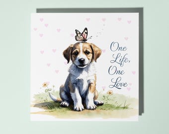 Handmade Cute puppy and butterfly One Life, One Love Card Funny Animal Card Animal Lovers Premium Greeting Card With Envelope Love