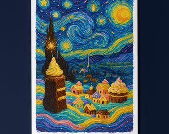 The Starry Cake - Van Gogh - Happy Birthday Card - Funny Premium Greeting Card & Envelope - Personalised funny card - friend family Dad
