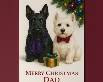 West highland and Scottish Terrier Dogs - Merry Christmas Dad Card - Funny Dogs - Dog Breeds - Premium Greeting Card Envelope - Personalised