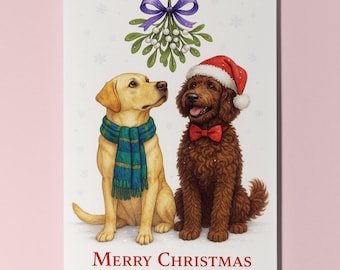 Labrador and Labradoodle Dogs Under the Mistletoe - Merry Christmas Card - Funny Animal - Premium Greeting Card Envelope - Personalised card