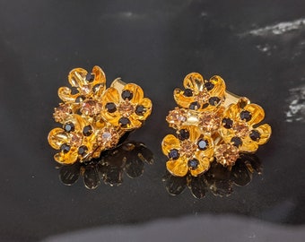 Glamorous Vintage Jewellery Gold Tone Faux Onyx and Citrine Earrings