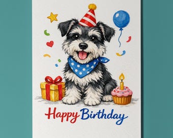 Miniature Schnauzer Dog Happy Birthday Card - Funny Animal - Premium Greeting Card & Envelope Personalised card - Dog Breeds Friends Family