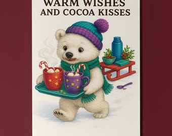 Polar Bear - Warm Wishes and Cocoa Kisses - Merry Christmas Card - Funny animals - Premium Greeting Card & Envelope - Personalised card