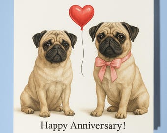 Pugs and red heart Happy Anniversary Card - Funny Animal - Premium Greeting Card & Envelope - Personalised Dog card - Wife Husband