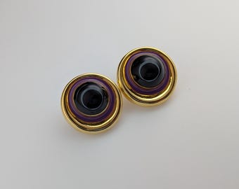 Vintage Jewellery Gold-Tone Purple Black Studs Earrings Bold Retro Design