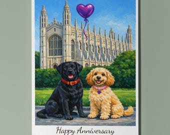 Cambridge - King’s College Chapel - Labrador and Cockapoo Dogs Happy Anniversary Card Envelope Funny Breeds - Premium - Personalised Couples