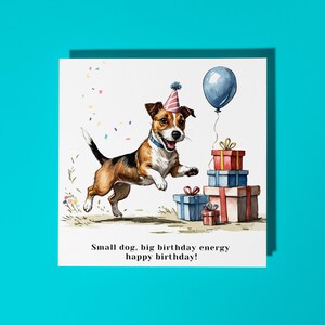 Razza di cane Jack Russell fatta a mano con regali di buon compleanno! Biglietto di auguri con animali divertenti, biglietto di auguri premium per amanti degli animali e busta.