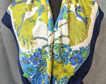 Lovely Vintage Olive Aegean and Cobalt Colour Poly Large Scarf  34"x 34"
