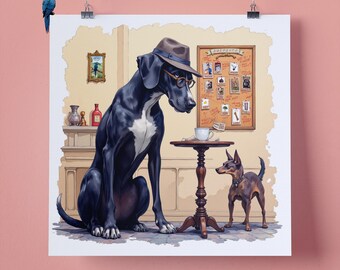 Elegant Detective Great Dane Dog Pet Portrait Wall Art Print, Perfect Gift for Pet Lovers, 295mm x 295mm, 300GSM Matte Paper, Unframed
