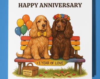 Cocker Spaniels - One year of Love Happy Anniversary Card  Funny Animal - Premium Greeting Card & Envelope - Personalised Dog card - Couple
