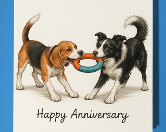 Beagle and Border Collie Happy Anniversary Card - Funny Animal - Premium Greeting Card & Envelope - Personalised dog card - Husband Couple