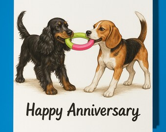 English Cocker Spaniel and Beagle Happy Anniversary Card - Funny Animal - Premium Greeting Card & Envelope - Personalised dog card - Couple
