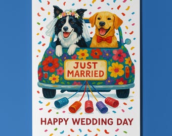 Dog Breeds Collection - Border Collie and Labrador Happy Wedding Day Card - Funny Animal  Premium Greeting Card Envelope - Personalised card