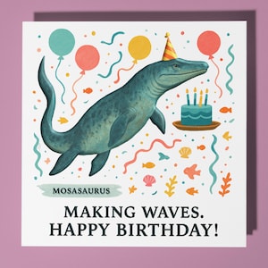 Dinosaurus mosasaurus - Verjaardagskaart - Gepersonaliseerde kaart - Kaart grappige dieren - Premium wenskaart en envelop moeder vader zoon zus vriend