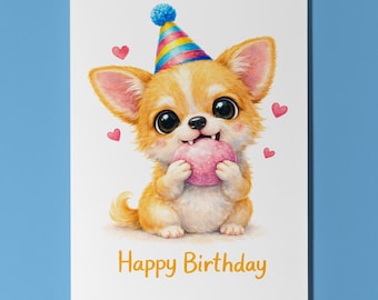 Chihuahua Puppy Cute Dog Pink Mochi Bean Munch Happy Birthday Card Premium Greeting Card Envelope Personalised Funny Kawaii Art Kids