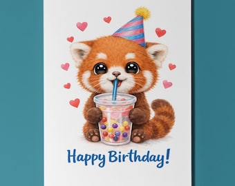 Red Panda Birthday Card Personalised Kawaii Boba Bubble Tea Animal Lover Gift