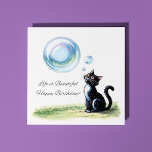 Handmade Funny Cat with Soap Bubbles Happy Birthday Card - Funny Animal Card Animal Lovers Premium Greeting Card With White Envelope