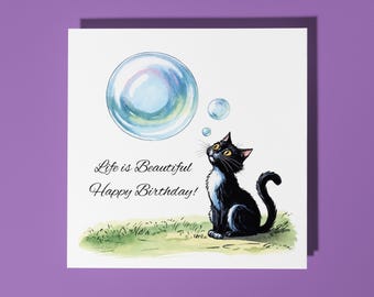 Handmade Funny Cat with Soap Bubbles Happy Birthday Card - Funny Animal Card Animal Lovers Premium Greeting Card With White Envelope