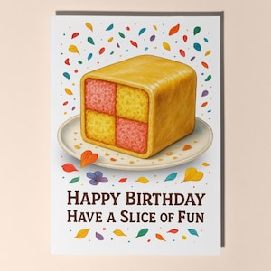 Può includere: Biglietto di auguri di compleanno con un'illustrazione di torta. La torta, su un piatto, ha un motivo a scacchiera giallo e rosa. Il testo del biglietto recita "Happy Birthday Have a Slice of Fun", con coriandoli colorati.