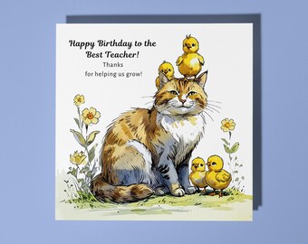 Handmade Gentle cat chicks - Happy Birthday to the Best Teacher!  Card Funny Animal Card Animal Lovers Premium Greeting Card & Envelope