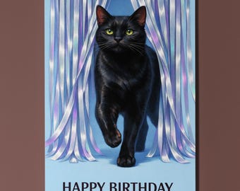 Black Cat Personalised Birthday Card Sparkle Curtain Cat Lover Gift