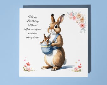Handmade Cute little rabbit with a baby rabbit Happy Birthday Mum Card Funny Animal Card Animal Lovers Premium Greeting Card White Envelope