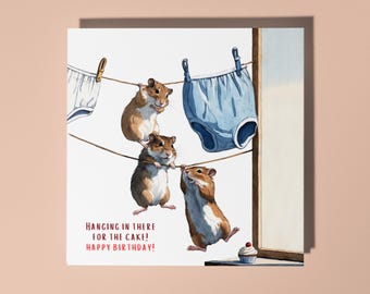 Handmade Funny hamsters and cake - Hanging in There! Happy Birthday Card Funny Animal Card Animal Lovers Premium Greeting Card & Envelope