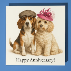 Cani Beagle e Cockapoo - Biglietto di auguri per il buon anniversario con animali divertenti - Biglietto di auguri premium e busta - Biglietto di auguri personalizzato per cani - Marito e moglie