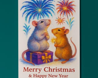 Two rats - Light the Night - Merry Christmas & Happy New Year Card - Funny animals - Premium Greeting Card and Envelope - Personalised card