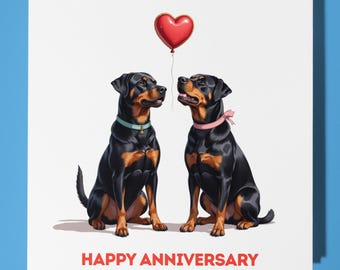 Rottweiler dogs  red heart Happy Anniversary Card - Funny Animal - Premium Greeting Card & Envelope - Personalised Dog card - Wife Husband