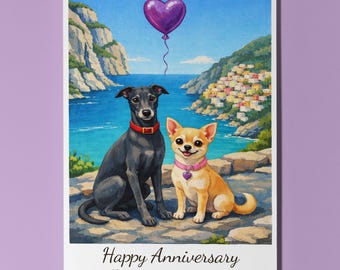 Amalfi Coast The Path of the Gods  - Greyhound Chihuahua Dogs Happy Anniversary Card Funny Breeds - Premium Envelope - Personalised Couple