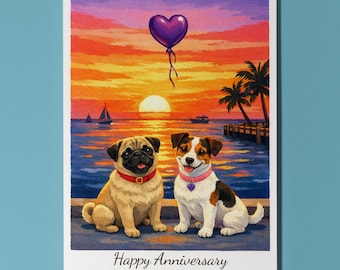 Florida Keys - Mallory Square Jack Russell Terrier and Pug Dogs Happy Anniversary Card Envelope Funny Breeds Premium Personalised Couples