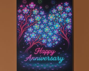 Neon Blossom – Bright Sakura Tree Art - Happy Anniversary Card -  Premium Greeting Card Envelope - Personalised card - Couples Wife Husband