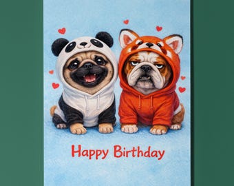 Pug and  English Bulldog dogs Birthday Card Personalised Panda Red Panda Hoodie Dog Lover Gift