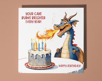 Handmade Funny dragon lights candles on cake Happy Birthday Card Funny Animal Card Animal Lovers Premium Greeting Card and Envelope