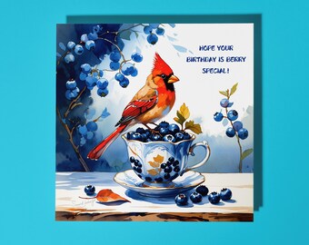 Handmade Red Cardinal Bird on Blueberry Teacup  special Happy Birthday Card Funny Animal Card Animal Lovers Premium Greeting Card & Envelope
