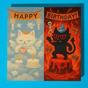 Tarjeta de feliz cumpleaños con un gato ángel demonio. Animal divertido. Sobre premium para tarjetas de felicitación. Tarjeta personalizada con un gato. Hermana, hija, amiga, mamá.