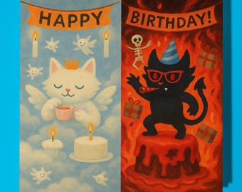 Devil Angel Cat - Happy Birthday Card - Funny Animal - Premium Greeting Card Envelope - Personalised Cat card - sister daughter friend  Mum