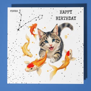 Biglietto di auguri di buon compleanno con gatto Pesci, animale divertente - Biglietto di auguri premium e busta - Biglietto personalizzato con segno zodiacale - Sorella Amica Mamma Figlia