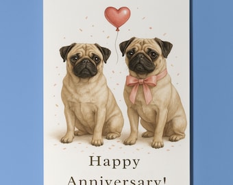 Dog Breeds Collection - Pug Dogs - Anniversary Card - Funny Animal - Premium Greeting Card & Envelope - Personalised card - Couple Husband