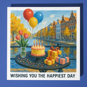 Ville au bord de la rivière - Carte de joyeux anniversaire - Animal drôle - Enveloppe de carte de voeux premium - Carte personnalisée - soeur fille ami papa