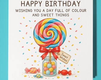 Sweet Collection - Swirled lollipop - Happy Birthday Card - Funny Animal - Premium Greeting Card  and Envelope - Personalised card - friend