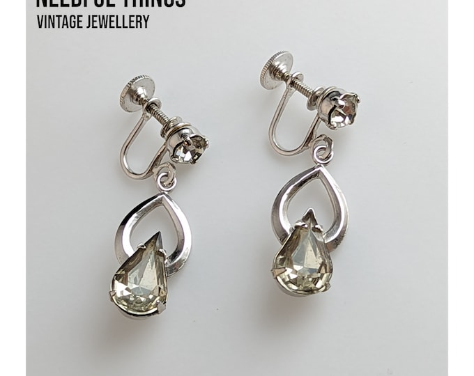 Lovely Vintage Coro Jewellery Screw back Dangle Faux Diamond Crystal Earrings