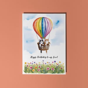 Gatos fofos feitos à mão em um balão de ar quente Feliz aniversário para o meu amor! Cartão Animais engraçados Cartão Cartão de saudação premium e envelope