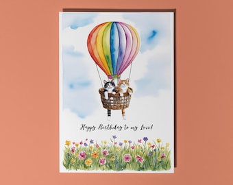 Handmade Cute cats on a hot air balloon Happy Birthday to my love! Card Funny animals Card Premium Greeting Card and Envelope