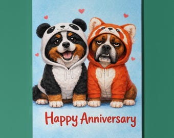 Biglietto d'auguri per anniversario con cane da montagna bernese o boxer, felpa con cappuccio panda rosso, regalo carino e personalizzato per amanti dei cani