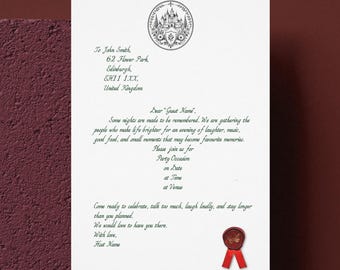 Personalised Party Invitation, A4 Wax Seal, Handwritten Style Printed Invitation, Handmade