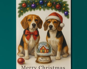 Beagle Dogs Duo - Cozy Nose & Snow Globe Merry Christmas Card - Funny Dogs - Dog Breeds - Premium Greeting Card and Envelope Personalised