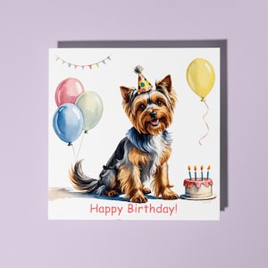 Cartão de feliz aniversário fofo feito à mão com bolo de yorkshire terrier - Cartão de animal engraçado para amantes de animais Cartão de felicitações premium com envelope branco